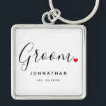 Stylish Groom Wedding Keychain<br><div class="desc">The perfect gift for any groom,  the fun and modern design features stylish typography script font "Groom" wording with a cute little red love heart full stops. The design is easy to personalize with your name and established wedding date and will be the perfect keepsake from your special day.</div>