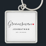 Stylish Groomsman Wedding Keychain<br><div class="desc">The perfect gift for any groomsman,  the fun and modern design features stylish typography script font "Groomsman" wording with a cute little red love heart full stops. The design is easy to personalize with a name and established wedding date and will be the perfect keepsake from your special day.</div>