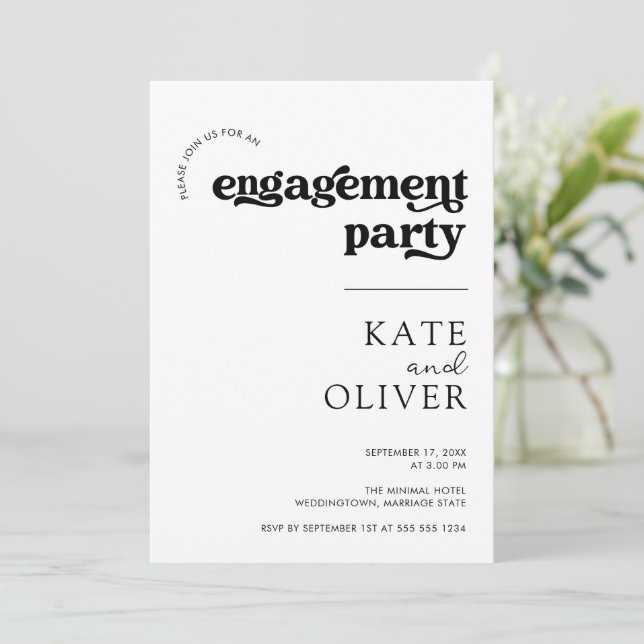 Stylish Groovy Retro Black White Engagement Party Invitation (Standing Front)