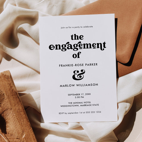 Stylish Groovy Retro Black White Engagement Party  Invitation