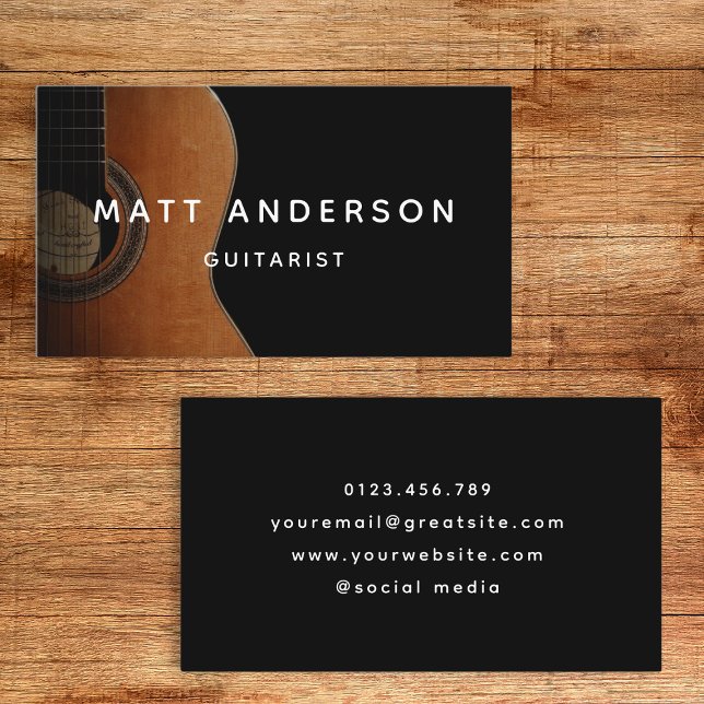 Stylish Guitar Musician Minimal Black and White Business Card (Creator Uploaded)