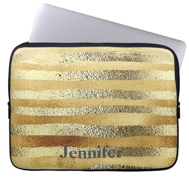 Stylish hand drawn gold striped personalized laptop sleeve (Front)