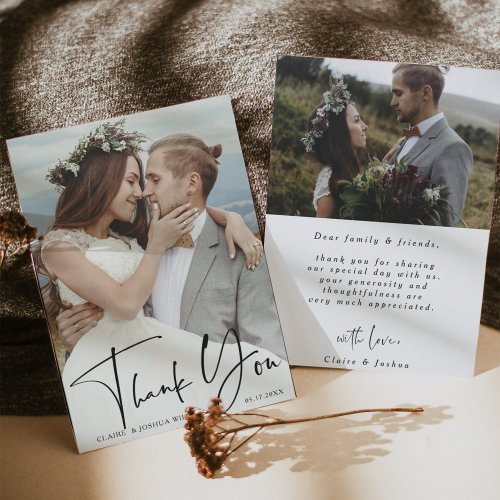 Stylish Hand Lettered 2 Photo Wedding Thank You Card