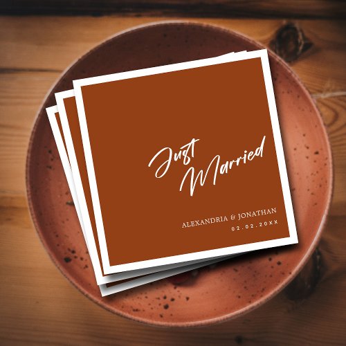 Stylish Hand Lettered Just Married Terracotta Napkins