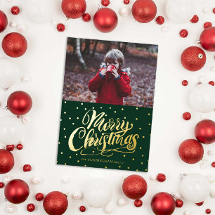 Stylish Hand Lettered Merry Christmas Photo Foil Holiday Card