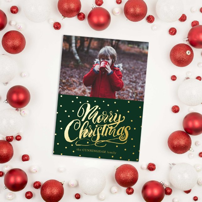 Stylish Hand Lettered Merry Christmas Photo Foil Holiday Card (Stylish Hand Lettered Merry Christmas Photo Holiday Card surrounded by red & white holiday ornaments)
