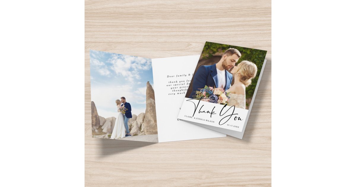 Stylish Hand Lettered Wedding 2 Photo Thank You Card | Zazzle