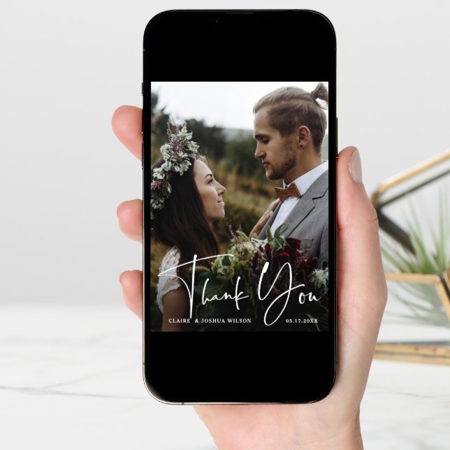 Stylish Hand Lettered Wedding 2 Photo Thank You Card (Front Digital)