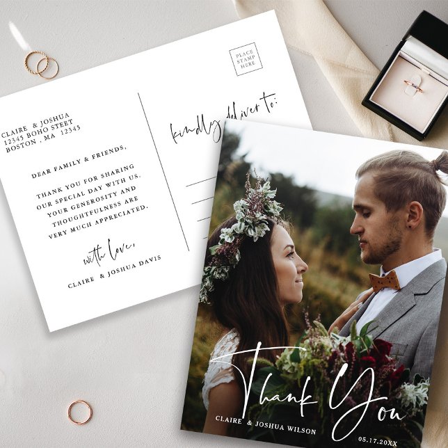 Stylish Hand Lettered Wedding 2 Photo Thank You  Postcard (Front & Back)