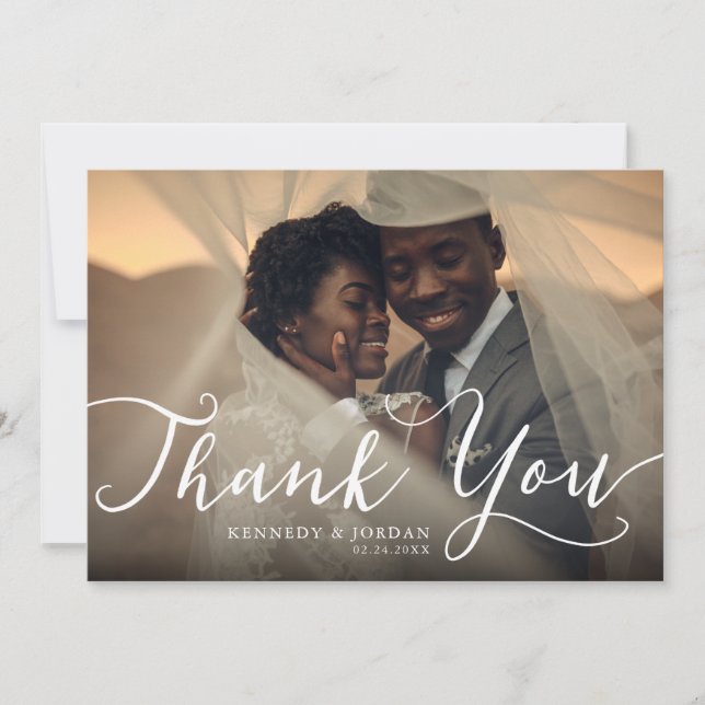 Stylish Hand Lettered Wedding Photo Thank You Card (Front)