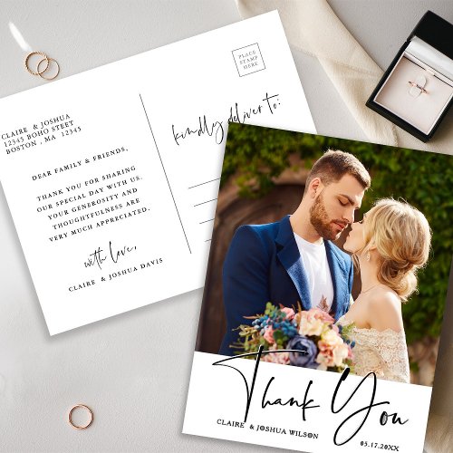 Stylish Hand Lettered Wedding Photo Thank You Postcard