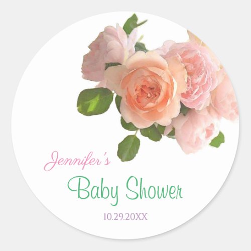 Stylish Hand Script Baby Shower Watercolor Flowers Classic Round Sticker