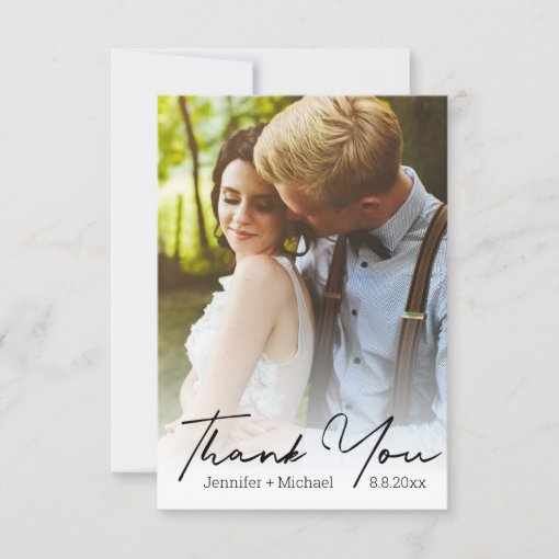 stylish handwriting,wedding day photo thank you card | Zazzle