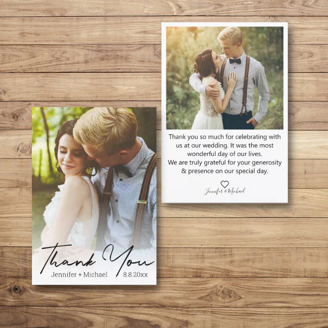 stylish handwriting,wedding day photo thank you card | Zazzle