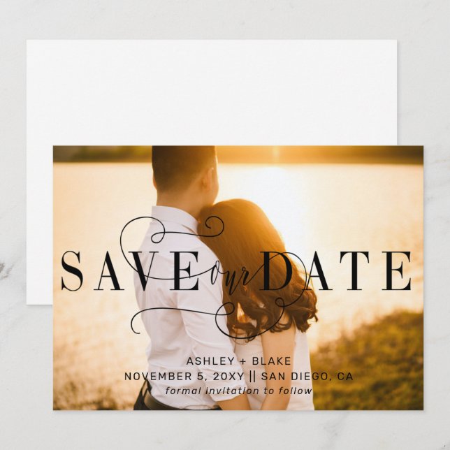 Stylish Handwritten Calligraphy Photo Save The Date (Front/Back)