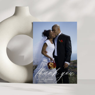 stylish handwritten script wedding photo thank you card