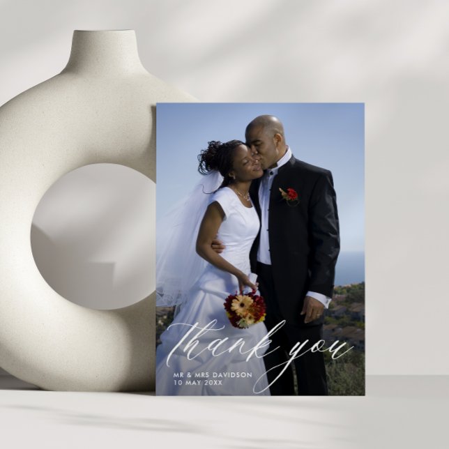stylish handwritten script wedding photo thank you card (Creator Uploaded)