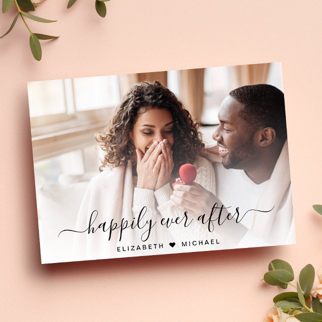 Stylish Happily Ever After Photo Cream Engagement Announcement (A chic photo collage engagement announcement card)