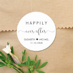 Stylish Happily Ever After Wedding Classic Round Sticker<br><div class="desc">Stylish sticker for your wedding and reception invitations,  save the dates,  engagement parties,  couples showers,  thank you cards and other wedding celebrations featuring "Happily Ever After" in simple modern typography and an elegant script with swashes,  your first names joined together by a heart and your wedding date.</div>