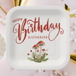 Stylish Happy Birthday Retro Mushroom Paper Plates