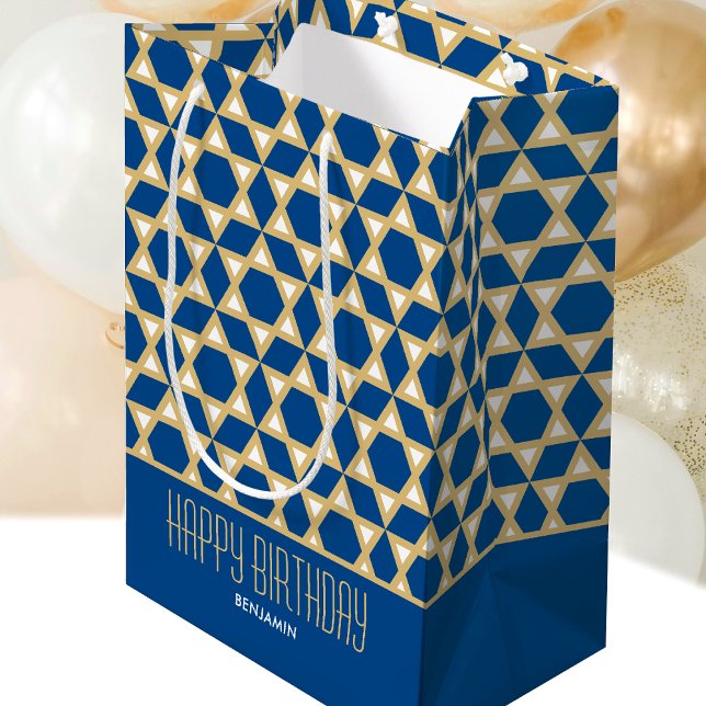 Stylish Happy Birthday Star Pattern Navy Custom Medium Gift Bag (Creator Uploaded)