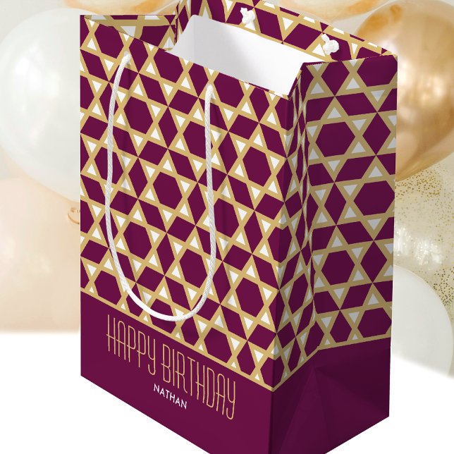 Stylish Happy Birthday Star Pattern Plum Custom Medium Gift Bag (Creator Uploaded)