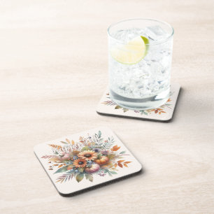 Stylish Happy Fall Pumpkin Flower Bouquet Motif Beverage Coaster