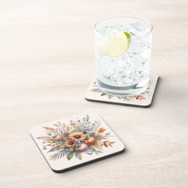 Stylish Happy Fall Pumpkin Flower Bouquet Motif Beverage Coaster (Right Side)