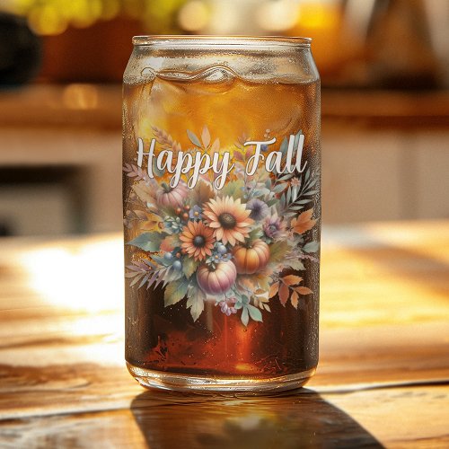 Stylish Happy Fall Pumpkin Flower Bouquet Motif Can Glass