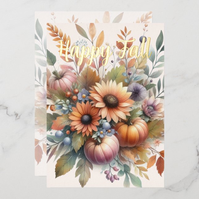 Stylish Happy Fall Pumpkin Flower Bouquet Motif Foil Invitation (Front/Back)
