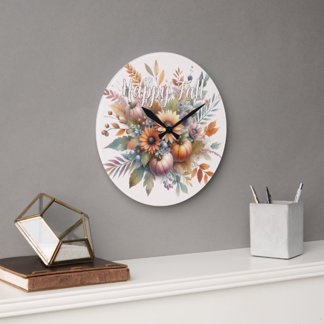 Stylish Happy Fall Pumpkin Flower Bouquet Motif Large Clock (Office)
