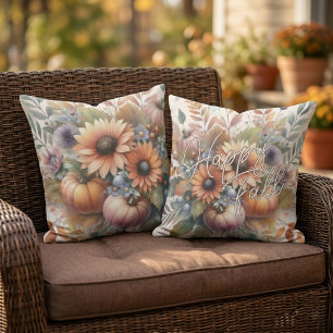 Stylish Happy Fall Pumpkin Flower Bouquet Motif Outdoor Pillow