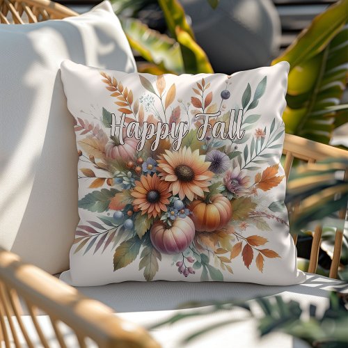 Stylish Happy Fall Pumpkin Flower Bouquet Motif Outdoor Pillow