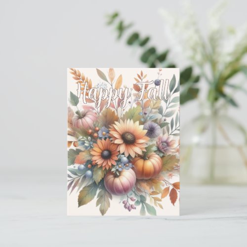 Stylish Happy Fall Pumpkin Flower Bouquet Motif Postcard