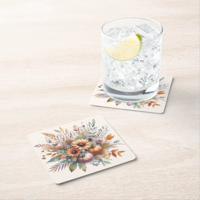 Stylish Happy Fall Pumpkin Flower Bouquet Motif Square Paper Coaster (Insitu)