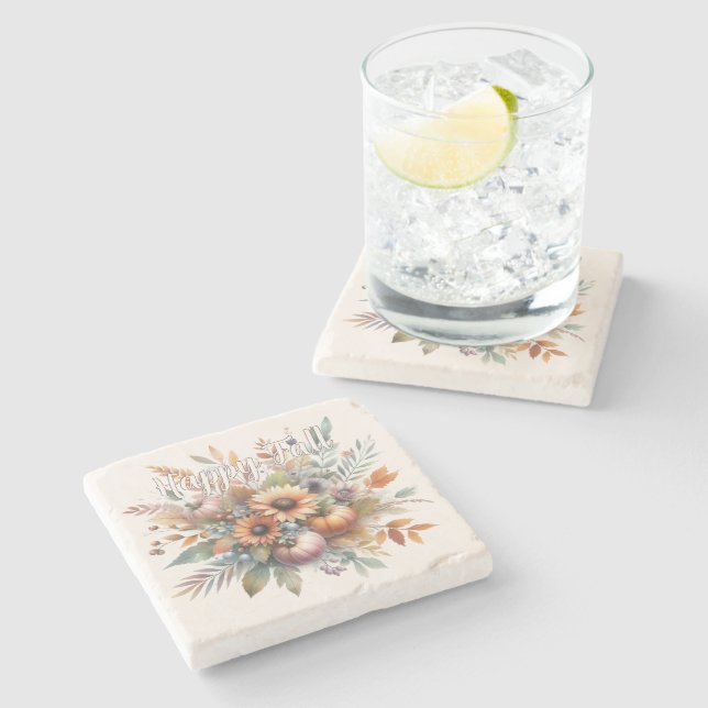 Stylish Happy Fall Pumpkin Flower Bouquet Motif Stone Coaster (Side)