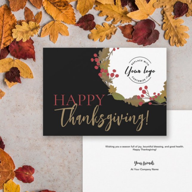 Stylish Happy Thanksgiving Custom business logo Holiday Card (Small Elegant corporate happy thanksgiving cards.)