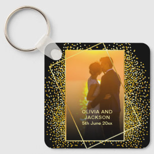 Stylish Happy Valentine Gold Glitter couple photo Keychain