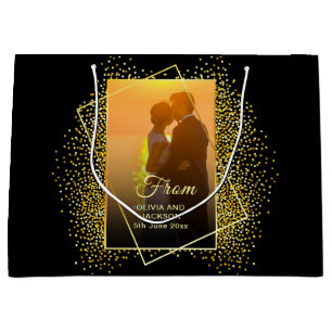Stylish Happy Valentine Gold Glitter couple photo Large Gift Bag