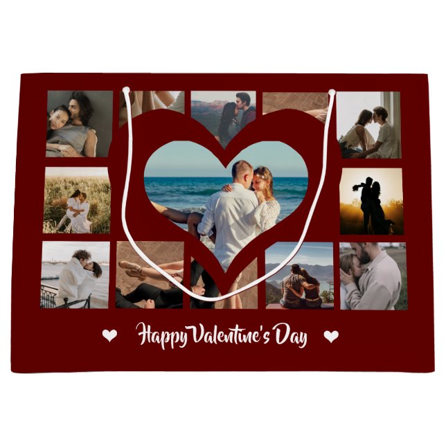 Stylish Happy Valentine XO Photo Collage Red Large Large Gift Bag (Front)
