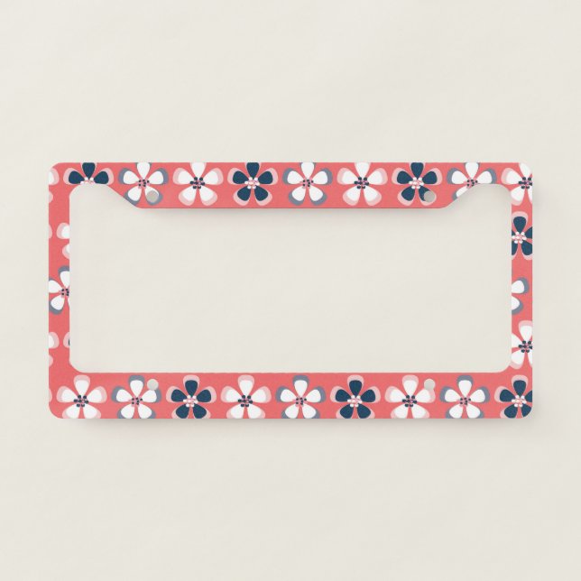 Stylish Hawaiian Floral Pattern Cute Coral Navy  License Plate Frame (Front)