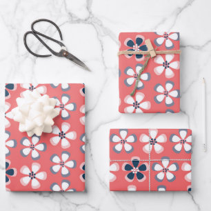 Stylish Hawaiian Floral Pattern Cute Coral Navy Wrapping Paper Sheets
