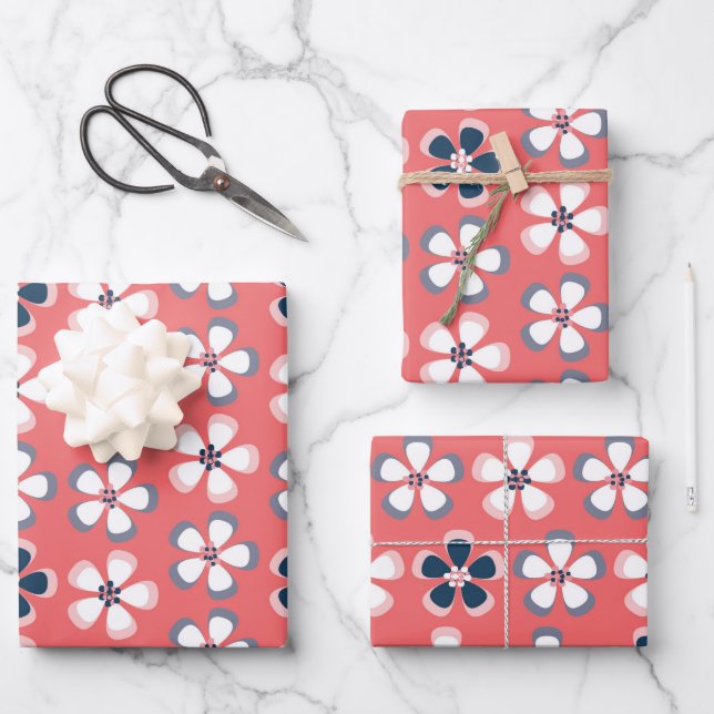 Stylish Hawaiian Floral Pattern Cute Coral Navy  Wrapping Paper Sheets (Front)