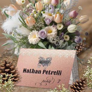 Stylish Heart & Lace - Rose Gold Place Card