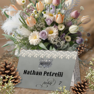Stylish Heart & Lace - Sage Place Card