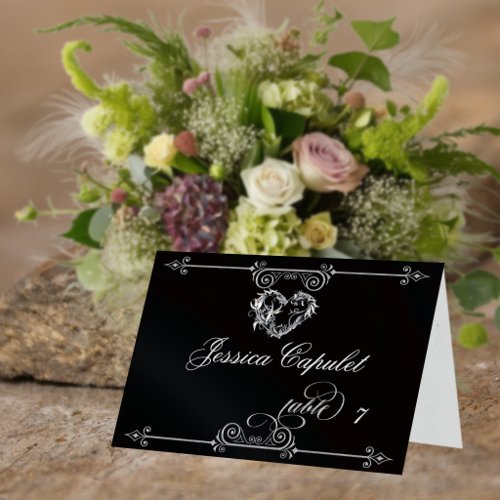 Stylish Heart & Scrolls - Black Place Card