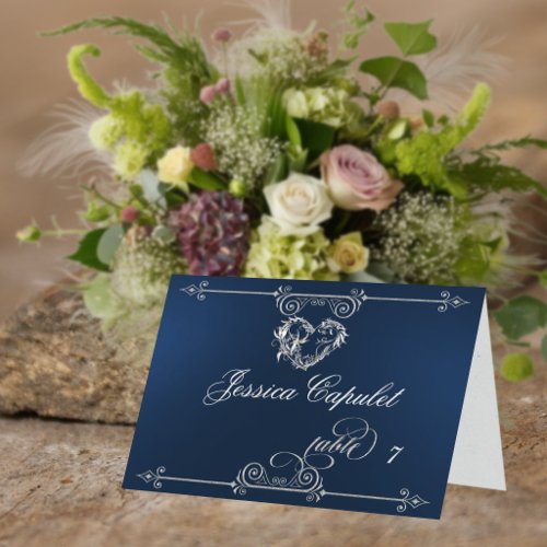 Stylish Heart & Scrolls - Blue Place Card