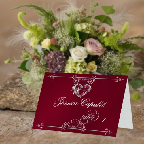 Stylish Heart & Scrolls - Burgundy Place Card