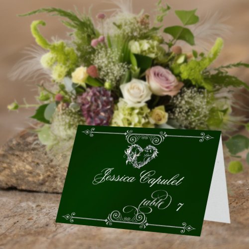 Stylish Heart & Scrolls - Emerald Place Card