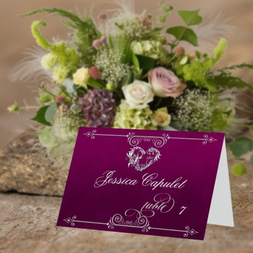 Stylish Heart & Scrolls - Plum Place Card